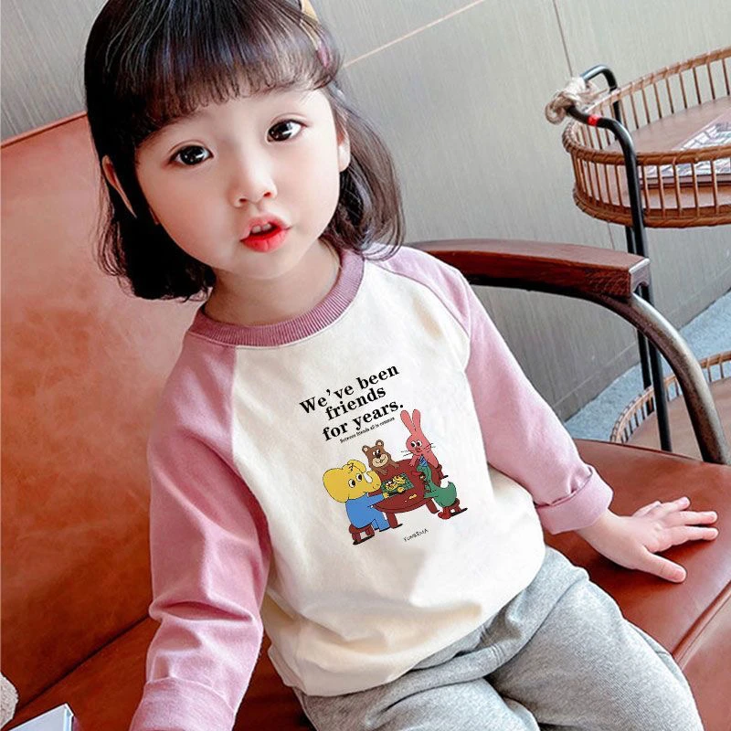 拼色插肩纯棉儿童女孩长袖春秋T恤新款印花卡通洋气女童打底上衣t