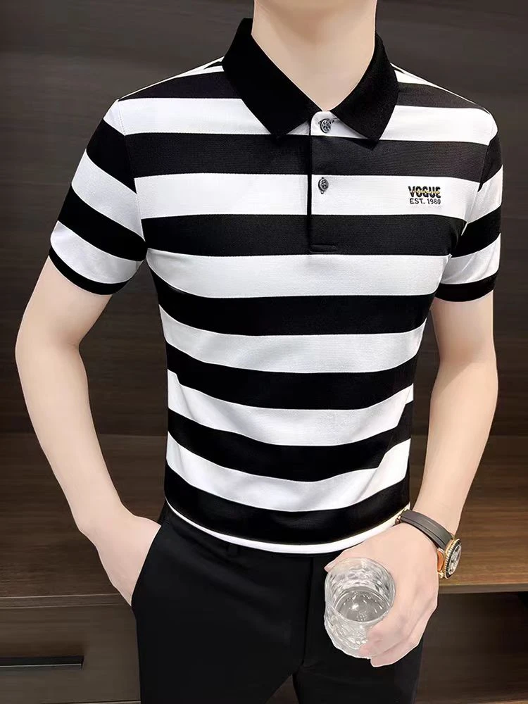 高档条纹POLO衫男士短袖夏季新款时尚刺绣T恤修身百搭潮流男上衣