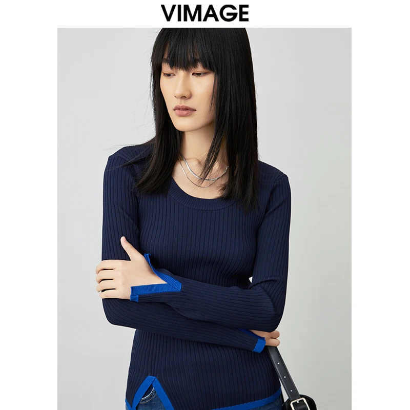VIMAGE纬漫纪秋季新款时尚百搭修身显瘦针织衫女上衣套头V1501111