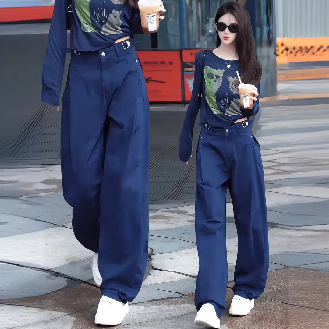 藏青色运动工装裤女2025春秋季新款高腰宽松显瘦休闲弯刀阔腿裤子