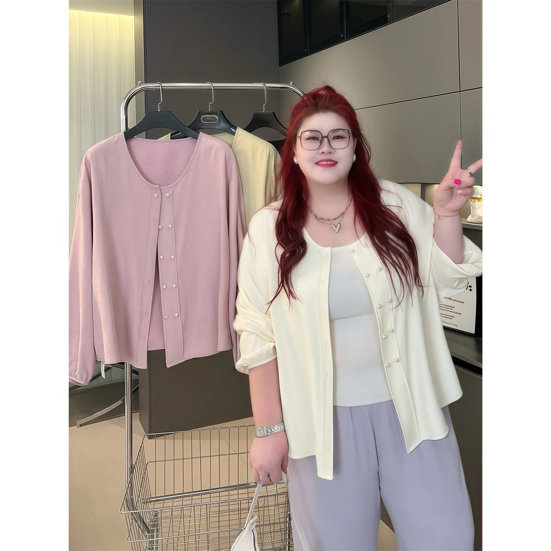 大码女装秋季百搭花契200斤胖mm多巴胺色柔软亲肤奶皮上衣4260