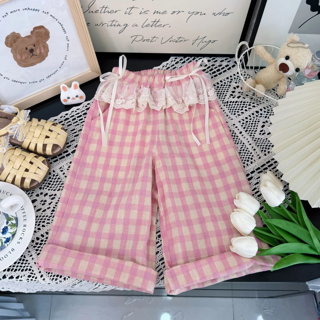 【初秋薄款】新款儿童纯棉格子裤花边直筒裤经典儿童裤百搭女童可爱