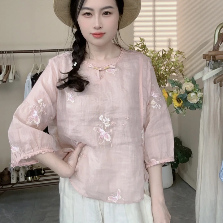 【蝶恋花刺绣 纯苎麻】上衣蝴蝶刺绣薄款夏季新款麻料衬衫宽松