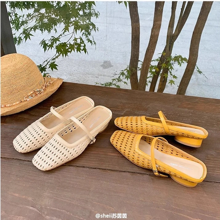 巴黎风情度假款编织方头粗跟文艺复古女凉拖鞋半拖