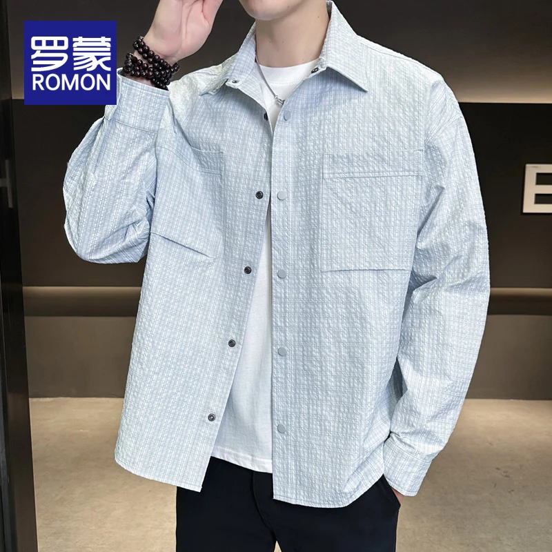 罗蒙男士轻薄长袖翻领衬衫男春季休闲宽松青少年时尚百搭衬衣男款