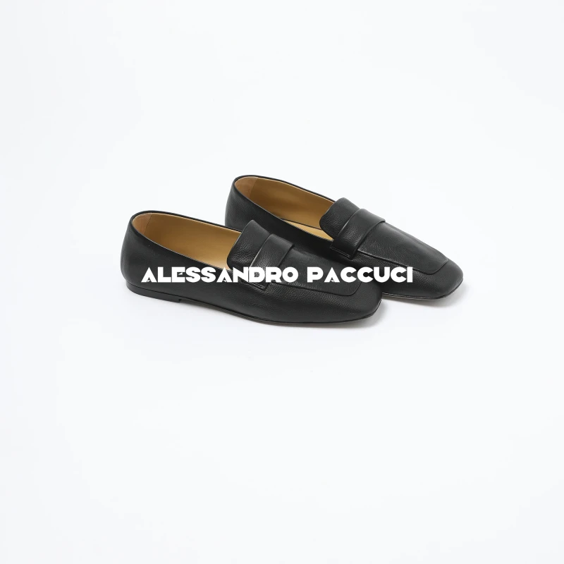 AP洛哥53090XP胎牛皮窄方头一脚蹬黑色平底时尚百搭乐福鞋单鞋