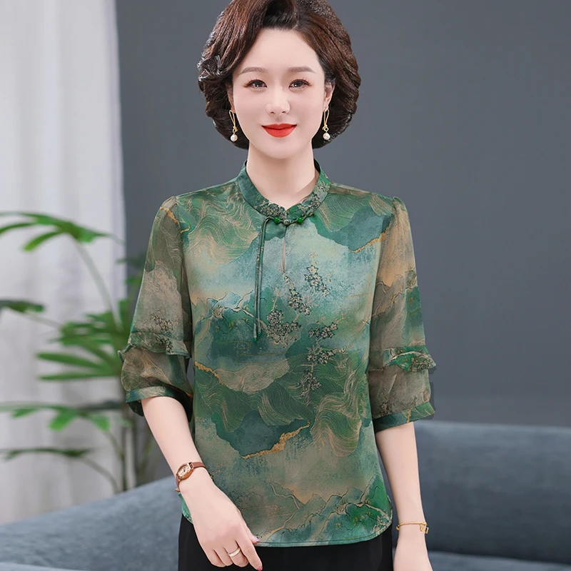 妈妈夏装短袖上衣服2025新款国风新中式雪纺小衫气质中老年女旗袍