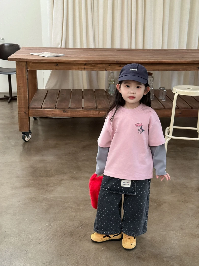 2025秋季新童装韩版女童时尚卡通图案假两件T恤幼儿园屁帘裤套装