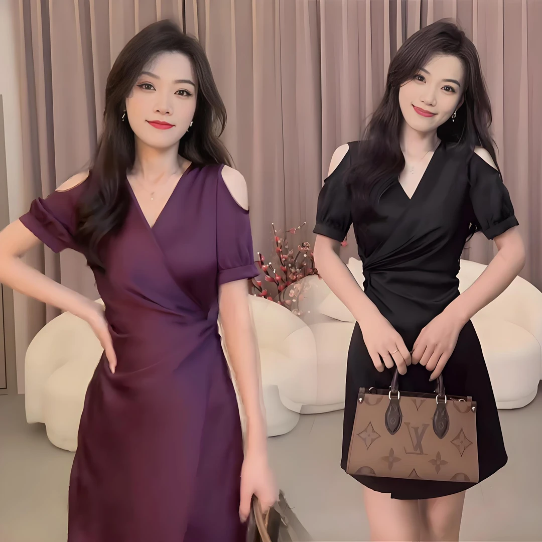 法式轻奢优雅V领短袖连衣裙女夏季气质性感露肩收腰显瘦短裙子