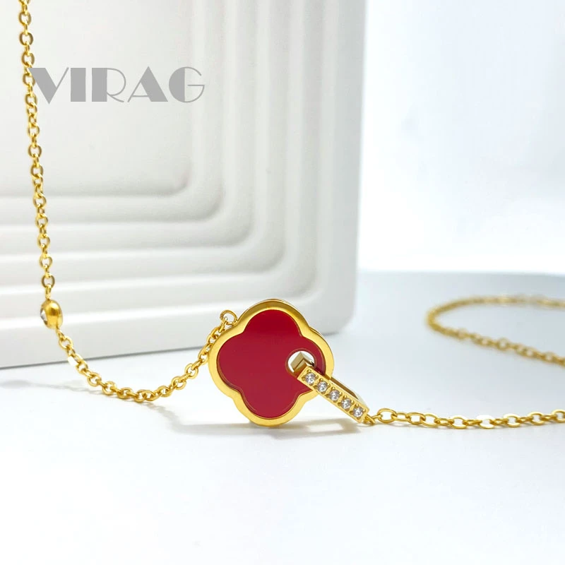 梵芯琳 钛钢项链 经典个性红色四叶草项链百搭气质轻奢小众设计感