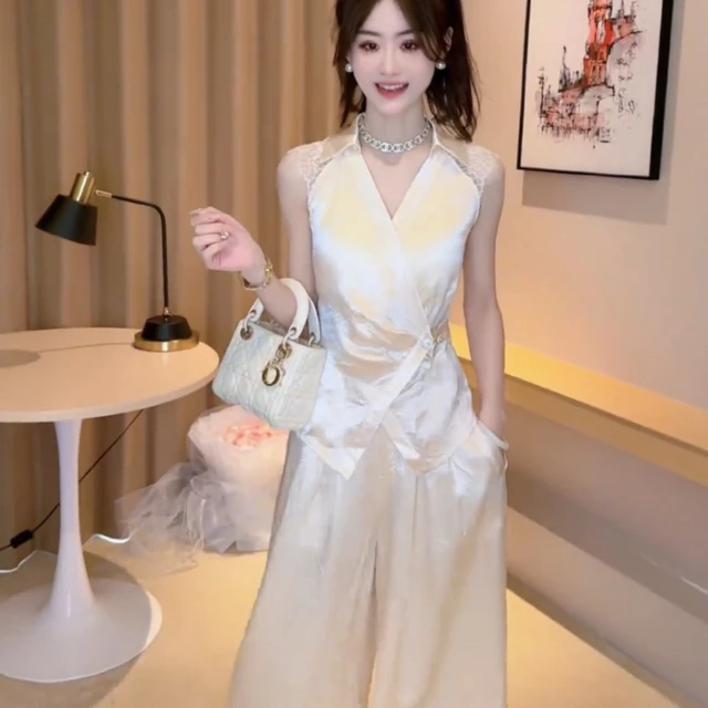 新中式套装2025新款女装蕾丝无袖衬衫收腰上衣醋酸缎面长裤两件套
