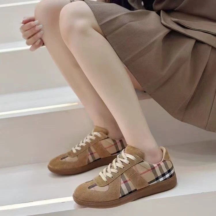 复古格子拼色平底时尚休闲百搭德训鞋欧洲站春季新潮款系带阿甘鞋
