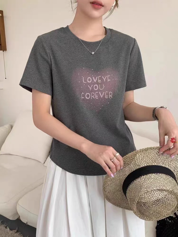 邹先森6261-29夏季短袖上衣圆领套头烫钻字母印花