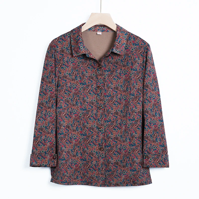 复古花色中老年人衬衫妈妈奶奶装长袖高品薄款翻领休闲宽松上衣