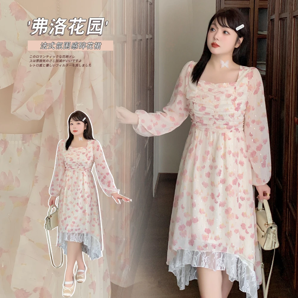 大码微胖温柔风方领雪纺碎花连衣裙女不规则裙子胖mm遮肚显瘦长裙