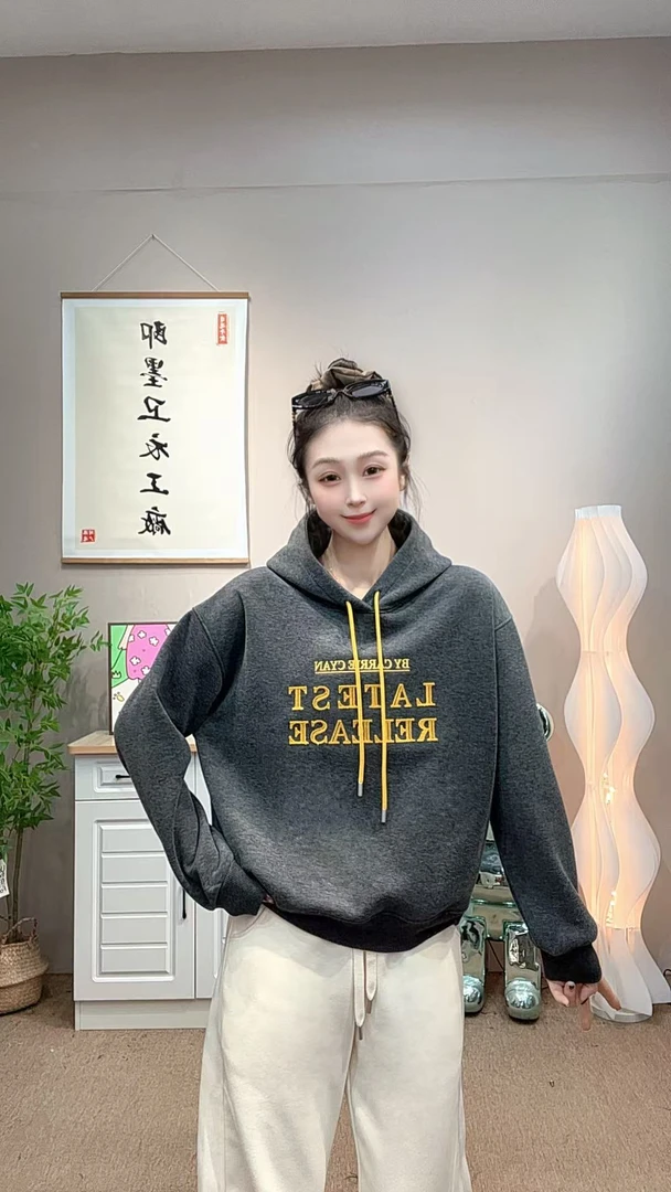 【双绣Drop】冬季新款加绒连帽牙刷绣刺绣字母休闲长袖卫衣女装1122