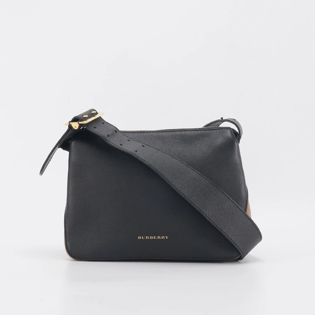 95新 BURBERRY/博柏利 【白菜】格纹拼黑斜挎包/BGC201370066