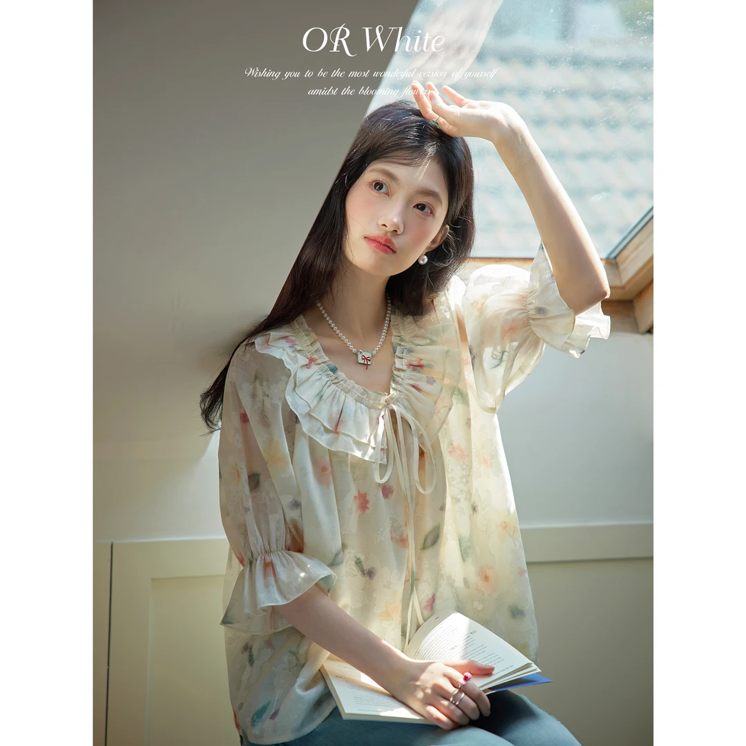 ORWhite 夏季印花双层荷叶边五分袖系带花卉衬衫法式薄款甜美衬衫