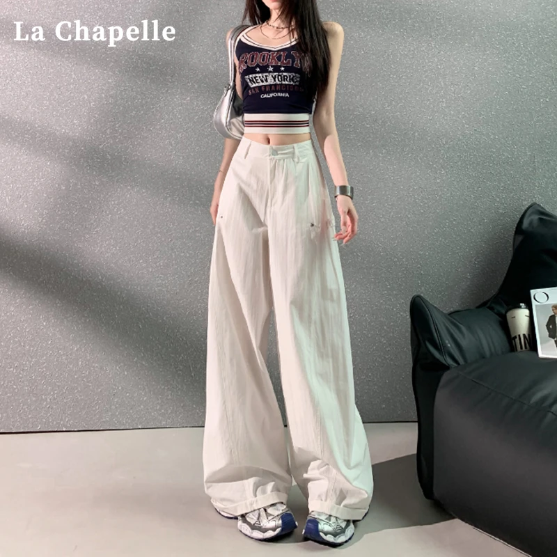 拉夏贝尔多口袋工装阔腿休闲裤女夏季新款高腰宽松显瘦拖地直筒裤
