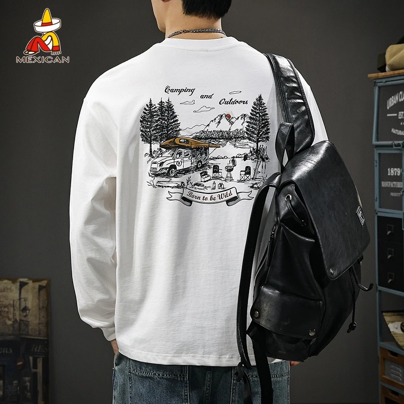 Mexican/稻草人360g重磅纯棉印花长袖t恤男士秋季宽松户外卫衣潮T