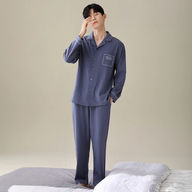 睡衣男士春秋款2025新款长袖纯棉开衫外穿刺绣翻领家居服男款套装