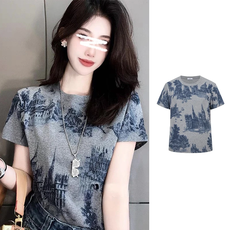 Moses Queen/魔西女王欧货城堡印花时尚修身显瘦百搭短袖T恤女