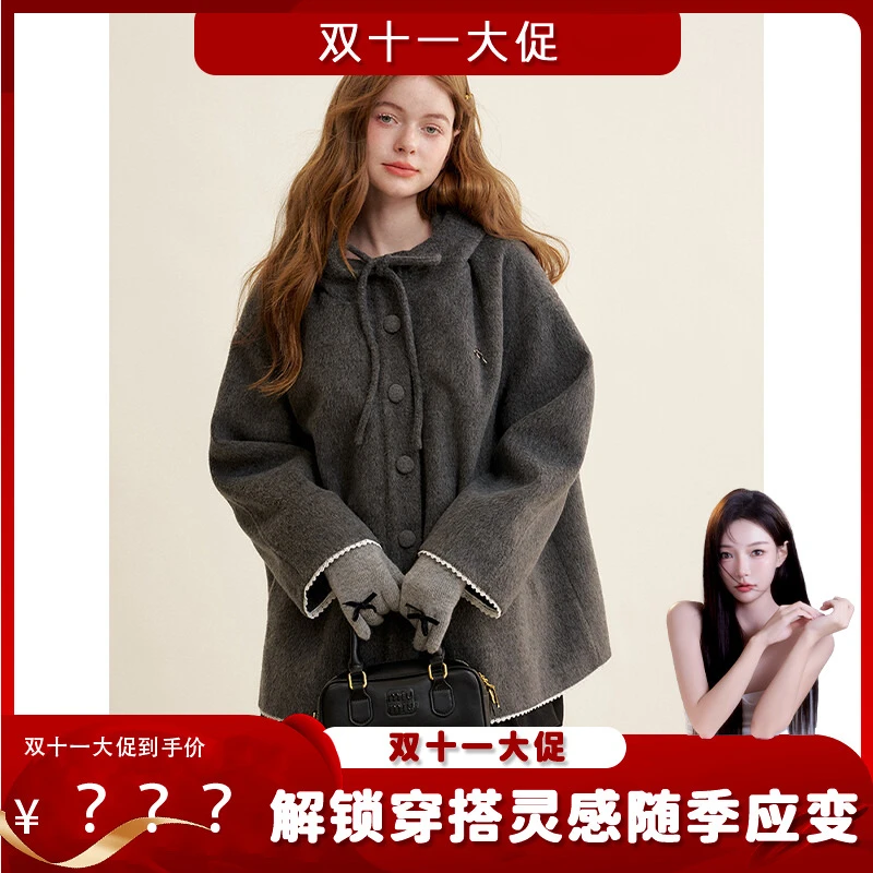 【美娇粉丝专属】Kroche 浪漫巴黎 蝴蝶结毛呢连帽宽松斗篷外套