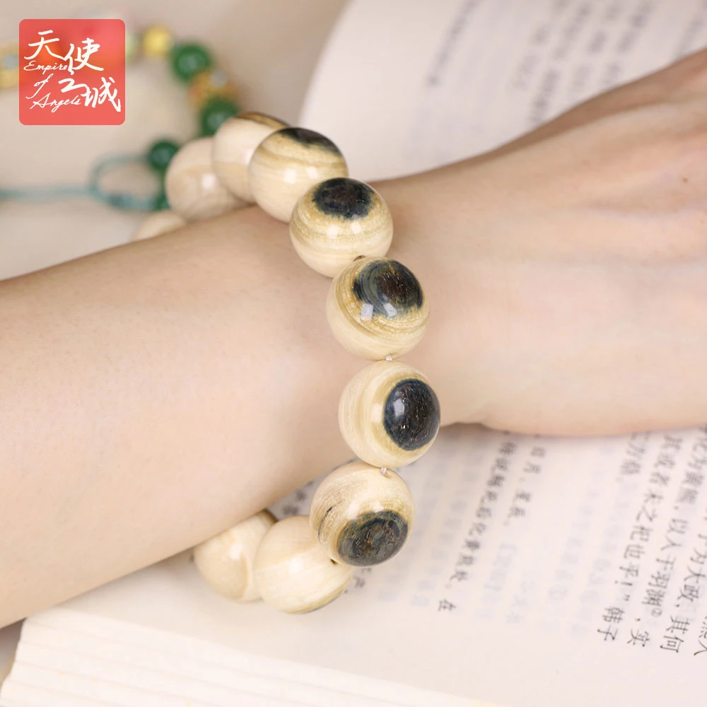 天然猛犸象牙蓝眼手串圆珠念珠串把件