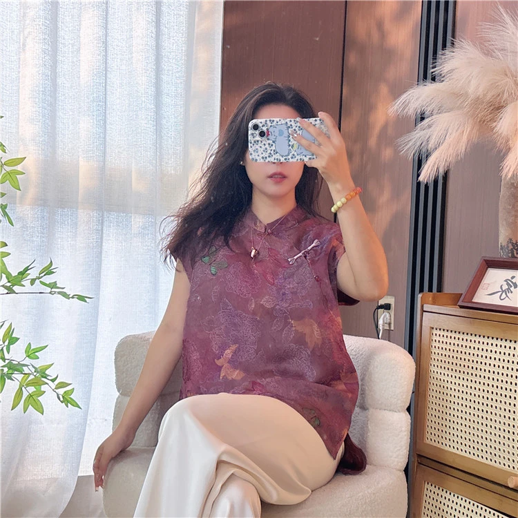 【紫蝶】满分丝短款桑蚕丝新中式女装香云纱浅蓝奥黛休闲风