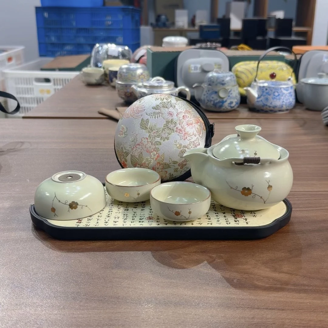 C97 旅行茶具套装汝窑手抓一壶三杯锯钉花