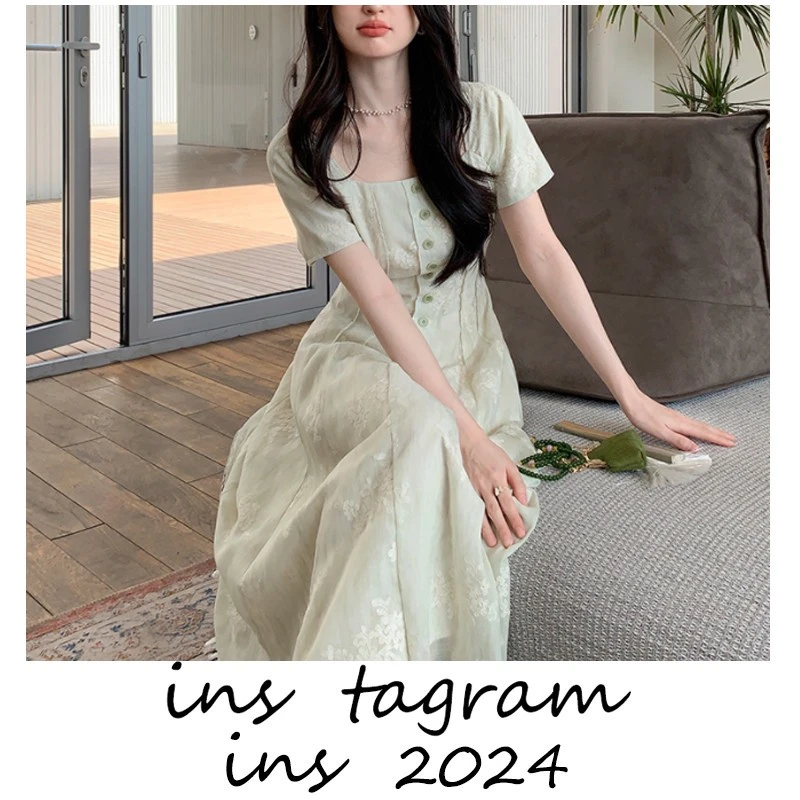 设计师裙私藏系列方领连衣裙裙子夏季女意境美感日常长裙