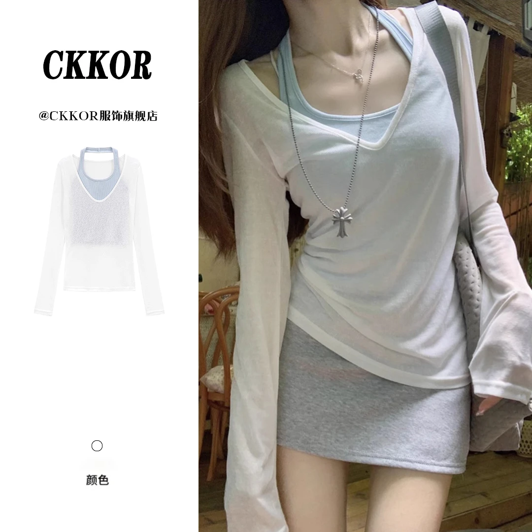 CKKOR夏季新款欧若风薄款t恤女长袖防晒罩衫时尚慵懒感纯欲风上衣