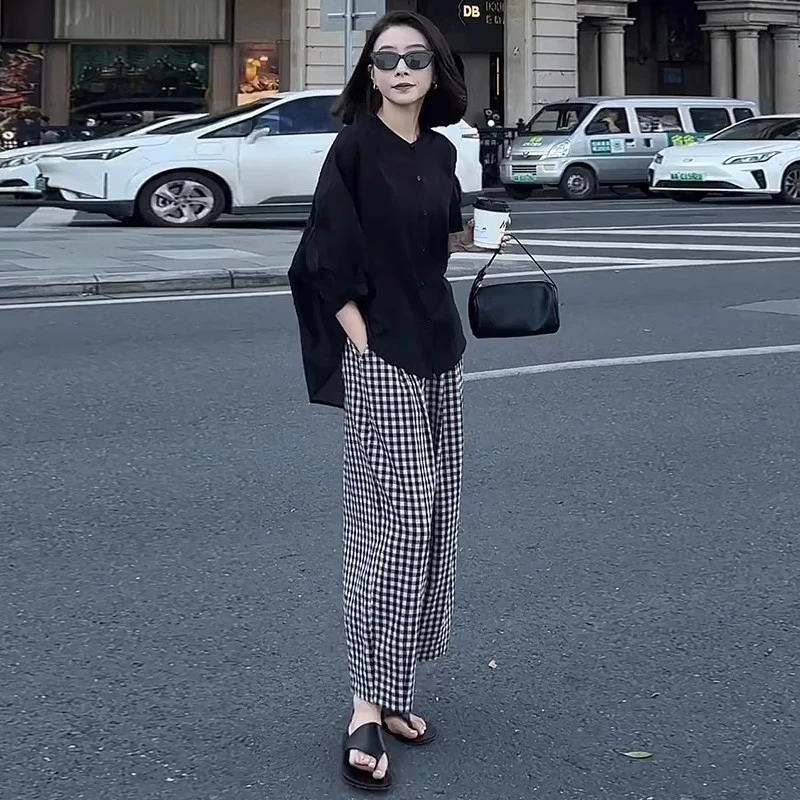 时尚休闲套装女2025春季新款宽松显瘦遮肉衬衫格子阔腿裤两件套潮