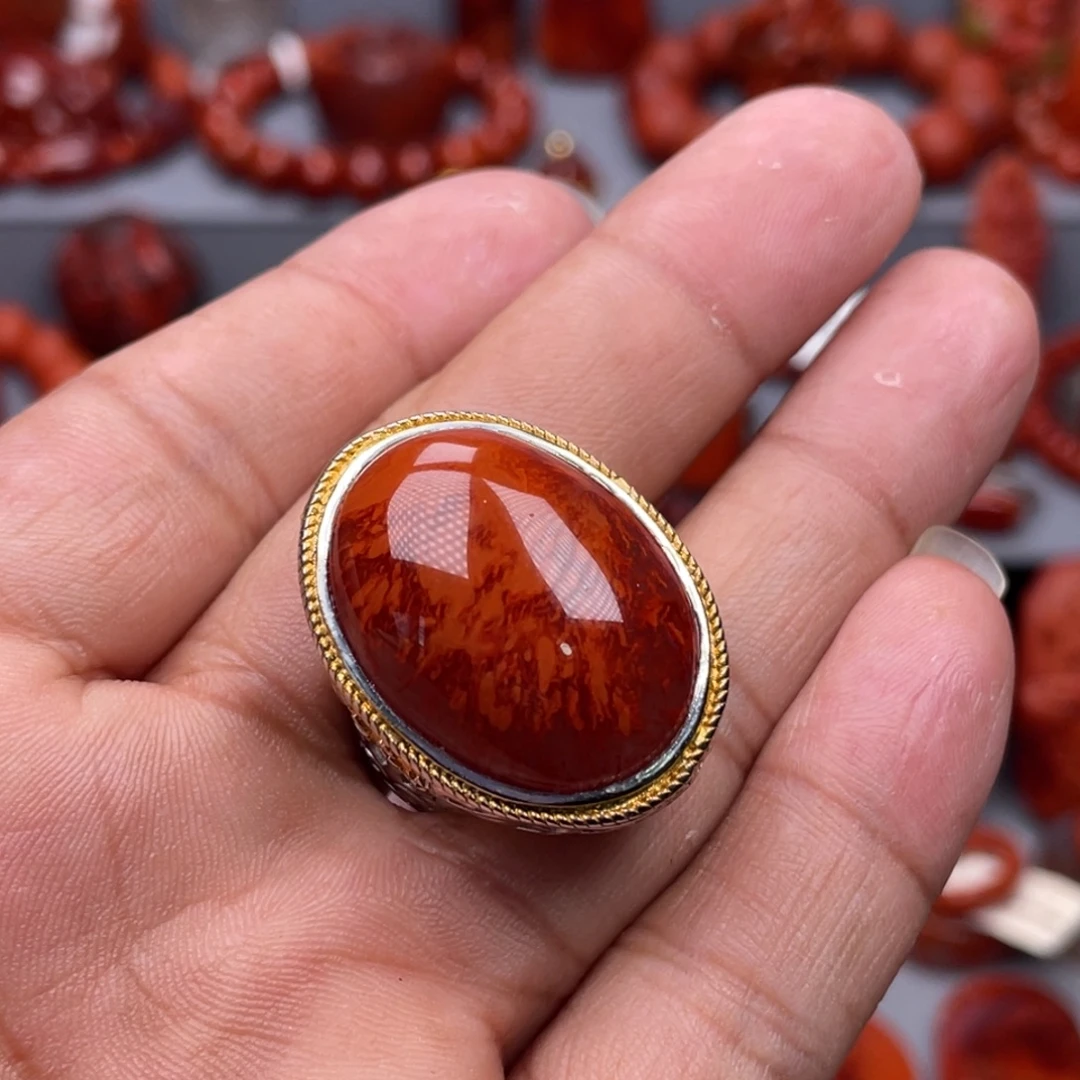 南红玛瑙银S925镶嵌珠宝奇石戒指