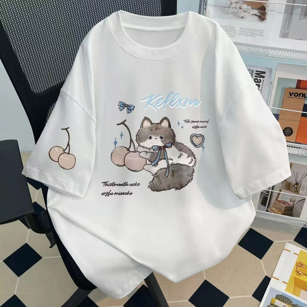 果子猫100%纯棉简约卡通印花短袖夏季男女款亲子情侣T恤透气百搭