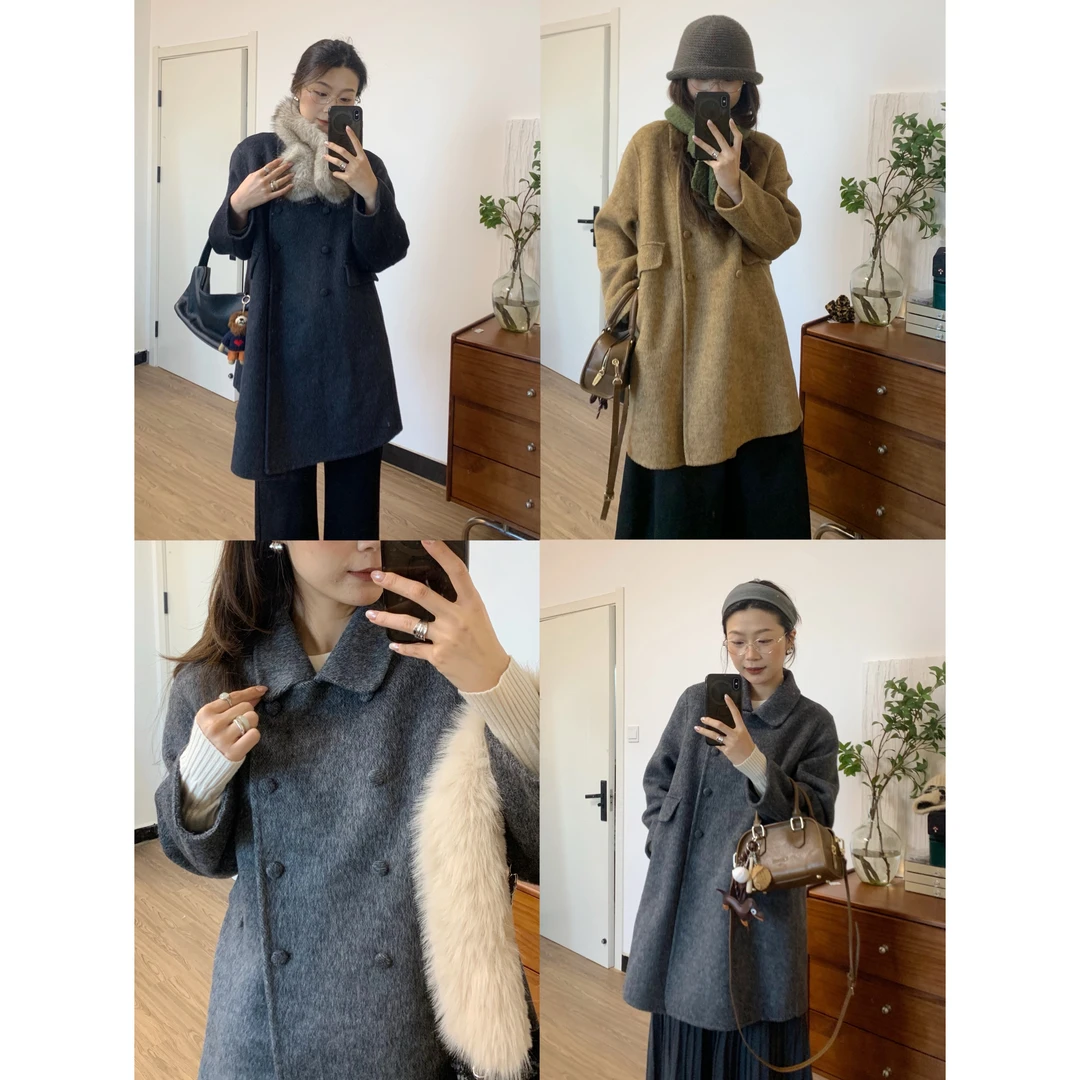 【 YisiTeni8536】韩版双面羊毛大衣女高端中长款双排扣毛呢外套