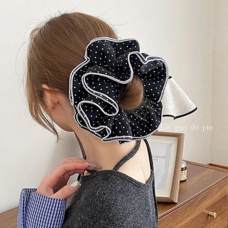 黑白波点四层褶皱大肠发圈高级气质包边头绳法式简约优雅头花发饰