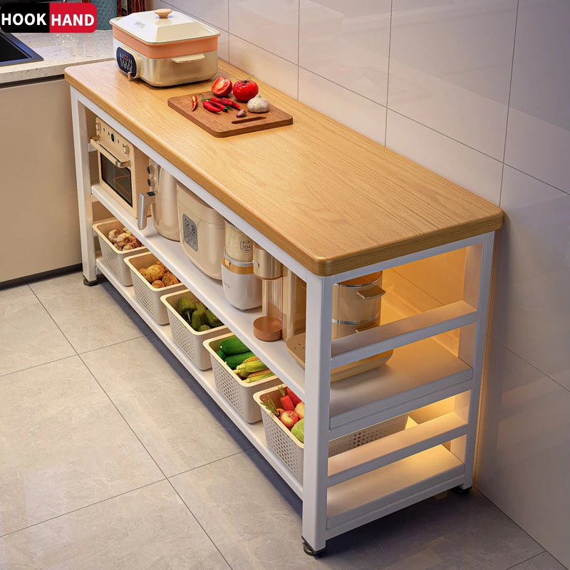 厨房置物架落地多功能切菜桌长条备餐工作台微波炉锅具收纳窄边柜