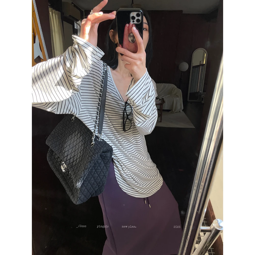 JCCC影子【云淡风轻】条纹绵羊毛莱赛尔圆领宽松长袖T恤JE4LBS11