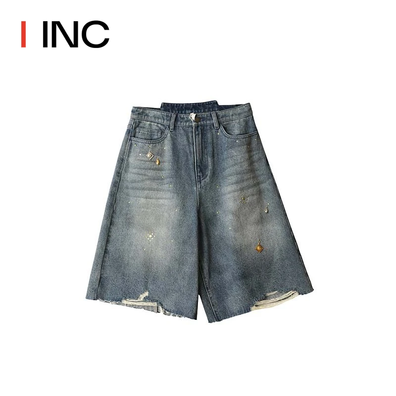 ICEDUST 25SS烫片异形口袋宽松休闲牛仔中裤春夏新款女士短裤百搭
