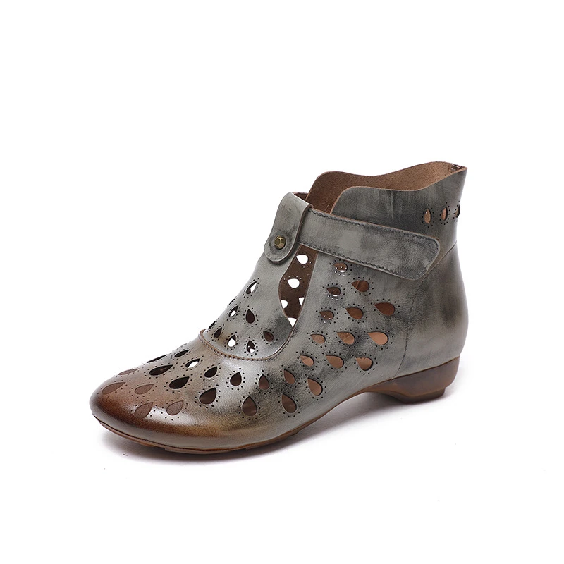 真皮镂空单靴2025春夏新款手工女鞋民族风低跟圆头女鞋复古舒适