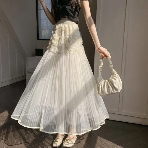 法式半身裙立体花朵高腰新款春季设计显瘦小个子网纱长裙夏季春夏