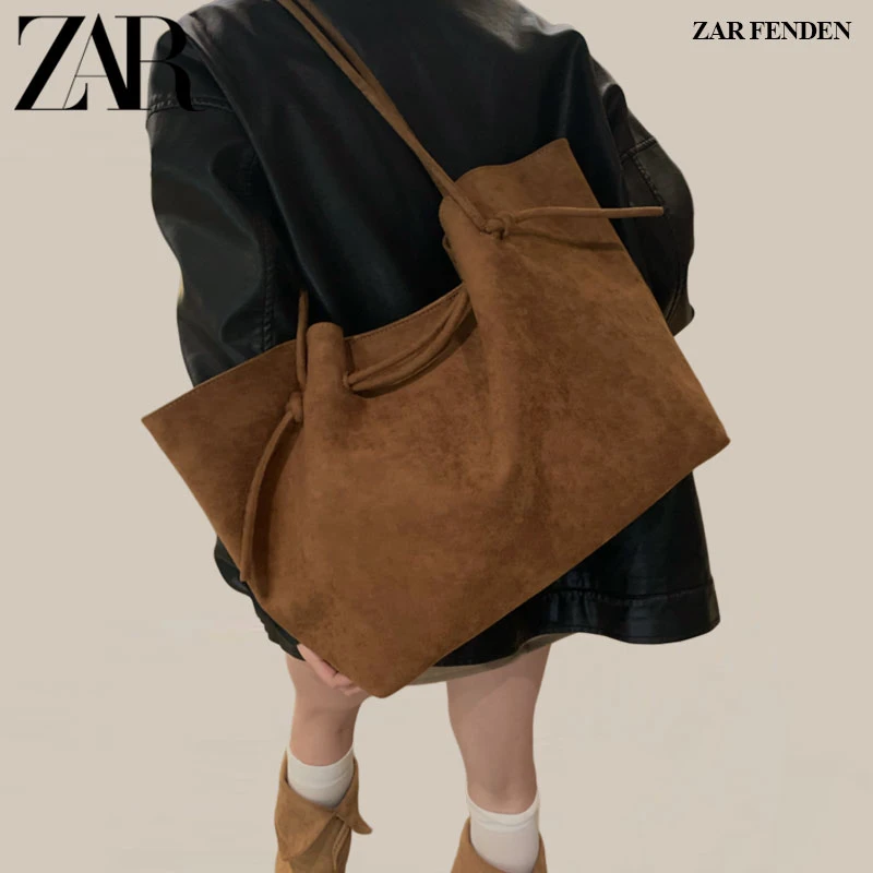 ZAR FENDEN休闲大容量包包2025新款复古麂皮绒单肩通勤上班托特包