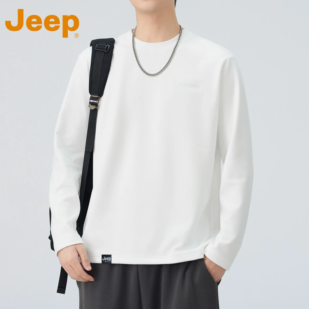 JEEP吉普纯色休闲T恤2025男士秋季新款宽松圆领高级白色长袖上衣