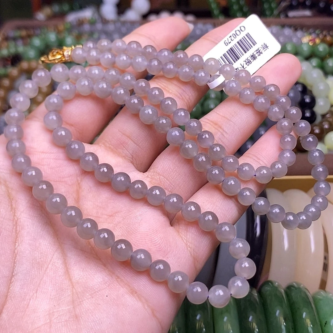 和田玉未镶嵌颈饰冰底烟紫清货价老料珠串6mm