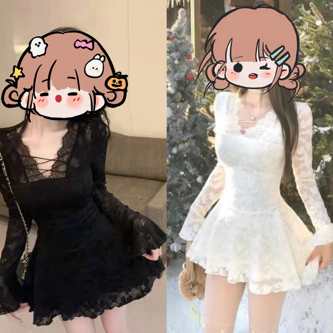 纯欲性感烫钻V领喇叭长袖连衣裙女秋季收腰显瘦高级感A字短裙808