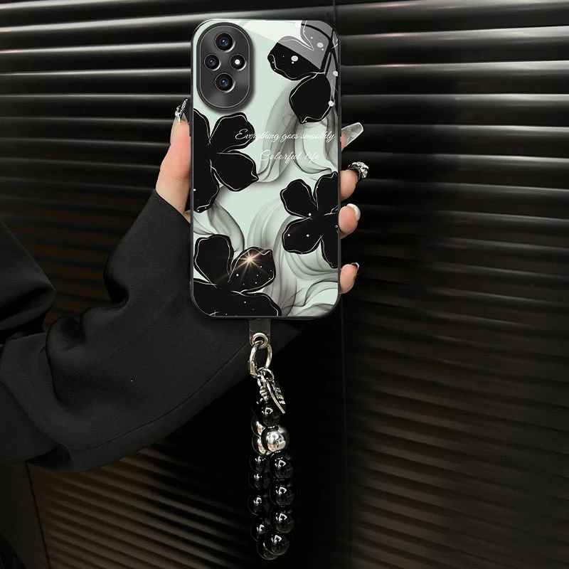 适用【华为荣耀200pro】钛灰电镀玻璃壳水墨花ins风网红手机壳女款