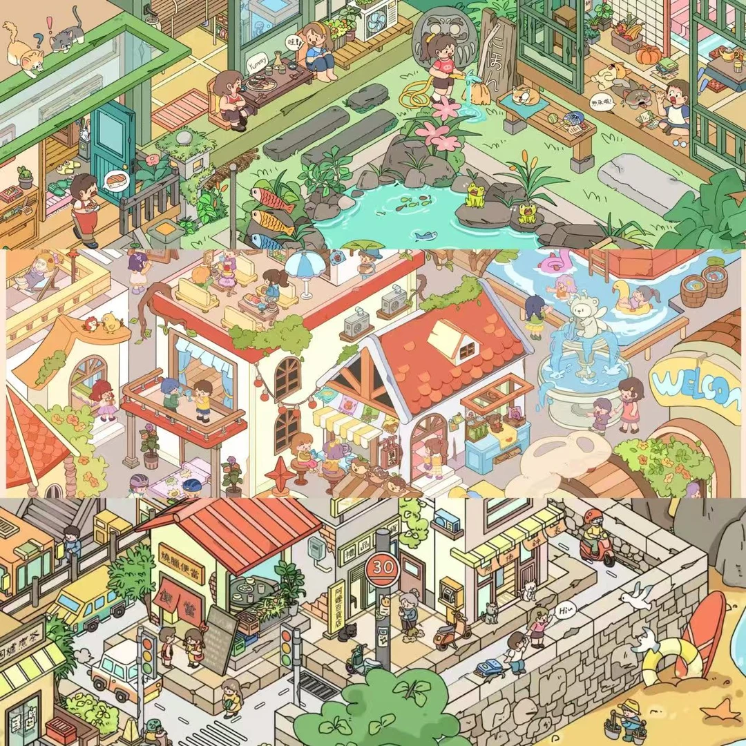 易然文创6.0小镇生活系列造景贴纸特油亮膜厚款大号微缩场景