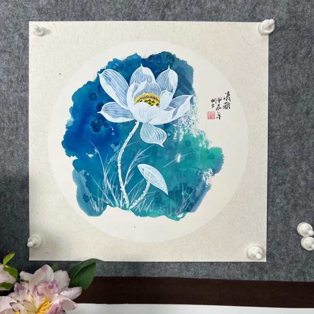 桐文 52*52cm 框直角柚木  荷花 家居挂画