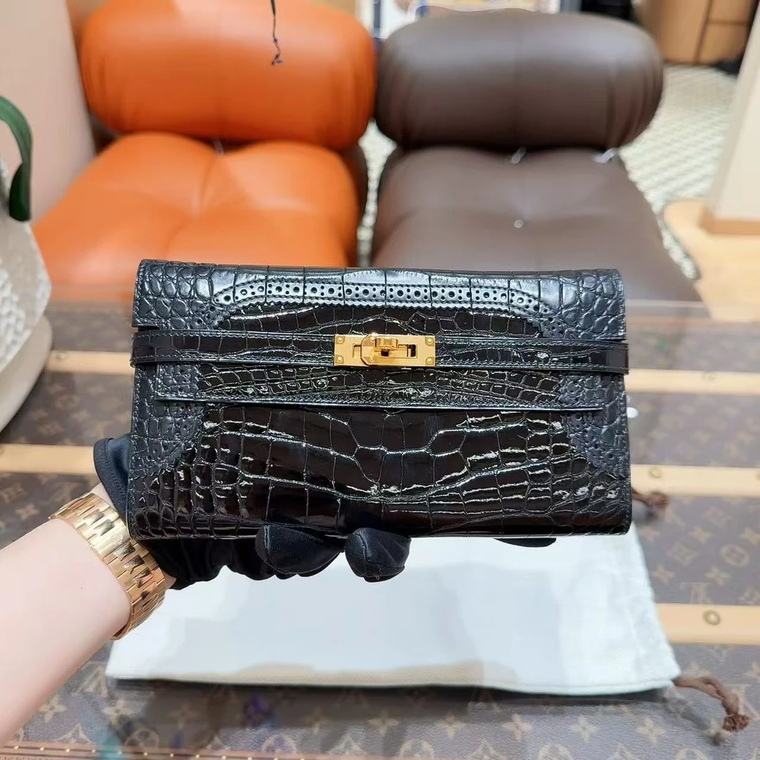 99新 Hermes/爱马仕 Kelly 长款蕾丝钱包黑色/金扣方块亮面鳄鱼皮